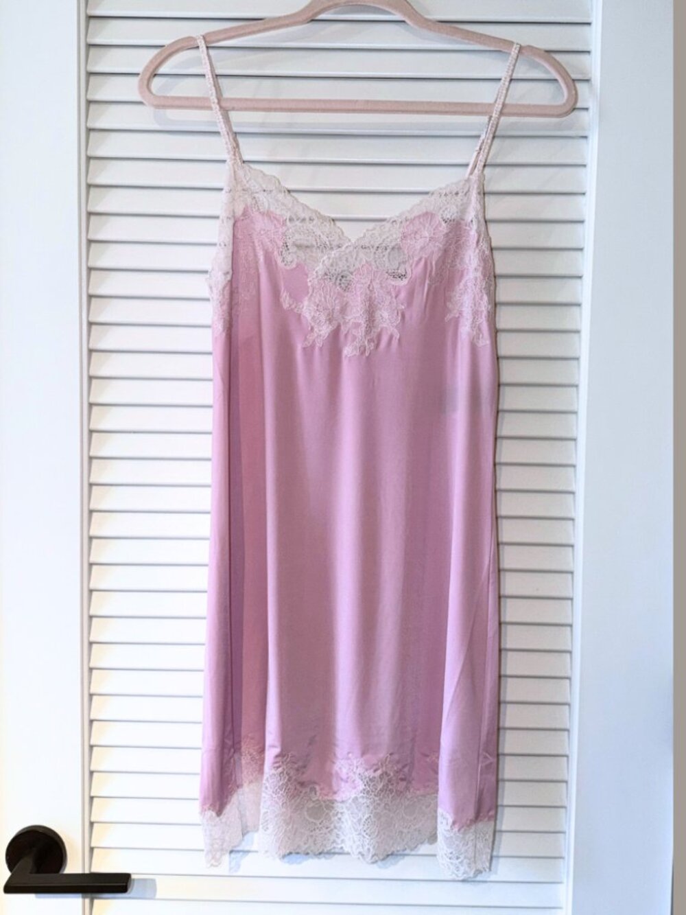Natori Enchant Chemise Powder Pink White Lace Trim Satin Slip Dress Nightgown